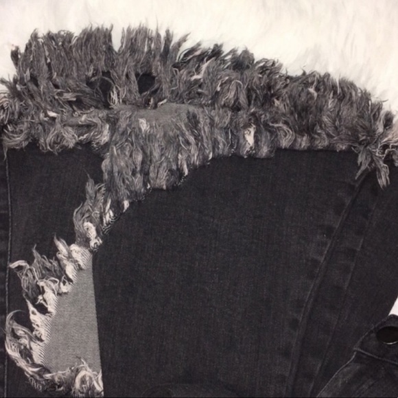 Charcoal Distressed Wide Leg and Fringe Hem Jeans (Black Denim Jeans) - Picture 8 of 10